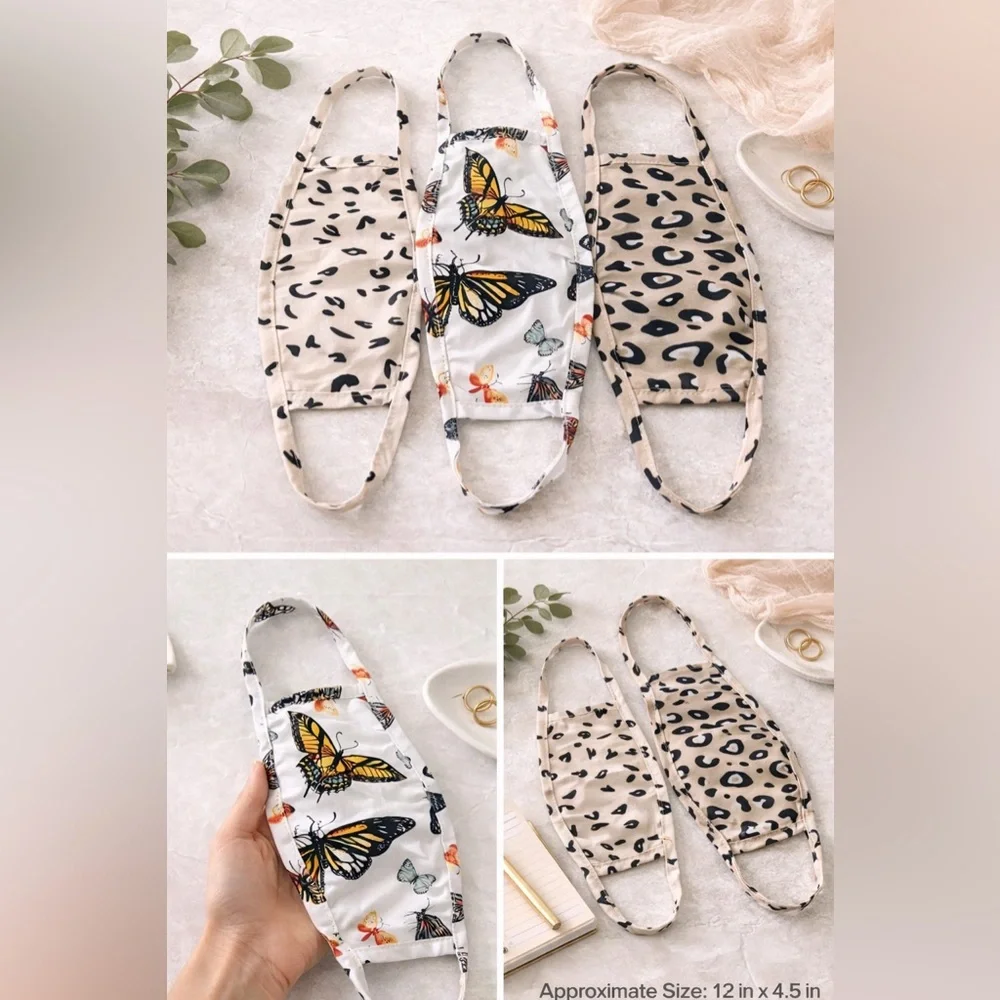 Set of 3 Cloth Face Masks Non Adjustable Strap Reusable Washable Butterfly